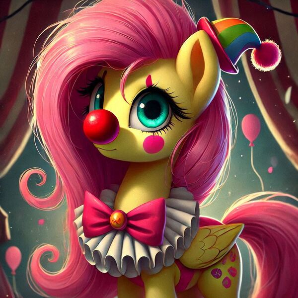 Size: 1024x1024 | Tagged: safe, ai content, derpibooru import, machine learning generated, prompter:heydude5321, fluttershy, pegasus, pony, g4, alternate cutie mark, balloon, bowtie, clown, clown nose, female, generator:bing image creator, generator:dall-e 3, hat, image, jpeg, mare, red nose, solo, wings