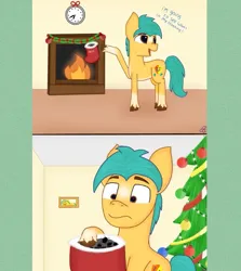 Size: 691x776 | Tagged: safe, artist:heart k art, derpibooru import, hitch trailblazer, earth pony, pony, spider, series:heart k art g5 advent calendar, g5, 2 panel comic, advent calendar, christmas, christmas stocking, christmas tree, comic, fireplace, holiday, image, indoors, jpeg, male, monologue, solo, stallion, talking, tree