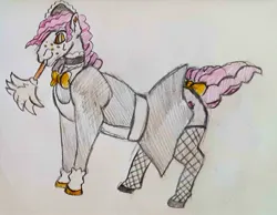 Size: 1709x1323 | Tagged: safe, artist:midday sun, derpibooru import, oc, oc:gold star, unofficial characters only, earth pony, pony, apron, bowtie, choker, clothes, crossdressing, duster, fishnet clothing, fishnets, freckles, garter, gloves, image, jpeg, maid, maid headdress, male, mouth hold, socks, stallion, stockings, thigh highs, traditional art