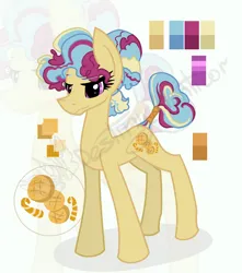 Size: 1138x1286 | Tagged: safe, artist:destiny_manticor, derpibooru import, oc, unnamed oc, unofficial characters only, earth pony, pony, adoptable, auction, body markings, bun hairstyle, curly mane, cutie mark, female, food, image, mare, obtrusive watermark, palette, png, reference sheet, signature, simple background, solo, tail, three quarter view, three toned mane, watermark