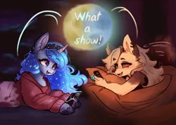 Size: 3579x2551 | Tagged: safe, artist:polnocnykot, derpibooru import, princess luna, alicorn, anthro, hellhound, pony, g4, bed, blanket, cheek fluff, chest fluff, clothes, cloud, crossover, cute, duo, duo female, ear fluff, ear piercing, eyebrow piercing, eyebrows, fangs, female, happy, hazbin hotel, headband, helluva boss, hooves, image, jpeg, keychain, loona (helluva boss), lying down, mobile phone, moon, motion blur, motion lines, night, open mouth, open smile, paw prints, paws, phone, piercing, pillow, raised tail, shoulder fluff, smiling, speech bubble, stars, sweater, tail, tail wag, talking, text, torn ear, unshorn fetlocks