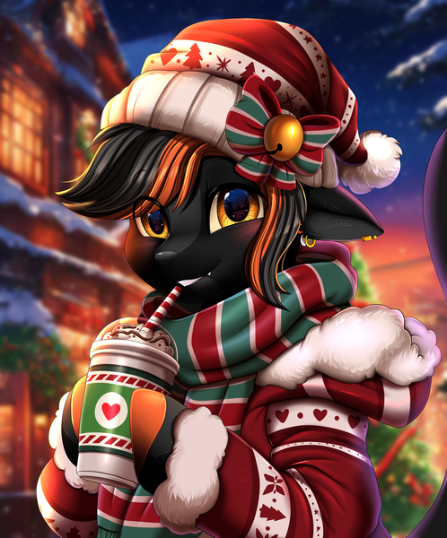 Size: 2571x3098 | Tagged: safe, artist:pridark, derpibooru import, oc, pony, bust, christmas, commission, cute, holiday, image, png, portrait, smiling, starbucks, ych result