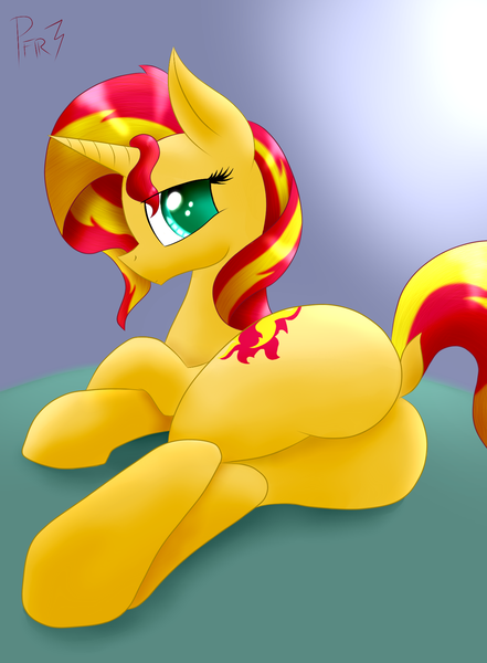 Size: 1250x1700 | Tagged: safe, artist:p0nfir3, derpibooru import, sunset shimmer, pony, unicorn, g4, bunset shimmer, butt, dock, female, horn, image, lying down, png, solo, tail