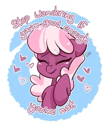 Size: 1077x1218 | Tagged: safe, artist:lou, derpibooru import, cheerilee, earth pony, pony, g4, abstract background, bust, demotivational poster, eyes closed, female, giggling, heart, image, mare, meme, mood whiplash, png, solo, text