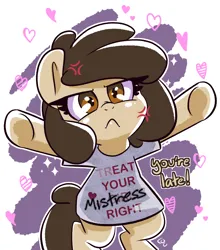 Size: 1320x1497 | Tagged: safe, artist:lou, derpibooru import, oc, oc:louvely, bipedal, clothes, grumpy, image, meme, open arms, png, shirt, t-shirt, tsundere