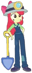 Size: 685x1536 | Tagged: safe, derpibooru import, edit, edited screencap, screencap, apple bloom, human, equestria girls, equestria girls series, g4, opening night, background removed, blurry, boots, clothes, coal miner, headlamp, helmet, image, mining helmet, my little pony equestria girls: choose your own ending, overalls, png, shoes, shovel, simple background, solo, transparent background, vector