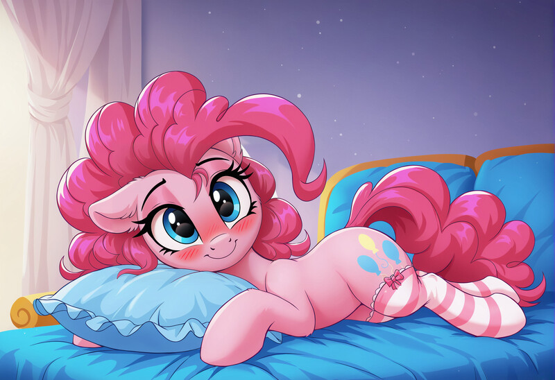 Size: 2104x1440 | Tagged: safe, ai content, derpibooru import, generator:zoinksnoob, machine learning generated, pinkie pie, earth pony, pony, g4, bed, blushing, clothes, cute, female, image, indoors, jpeg, looking at you, lying down, mare, on bed, one ear down, pillow, prompter:siber, prone, smiling, smiling at you, socks, solo, striped socks, thigh highs, window