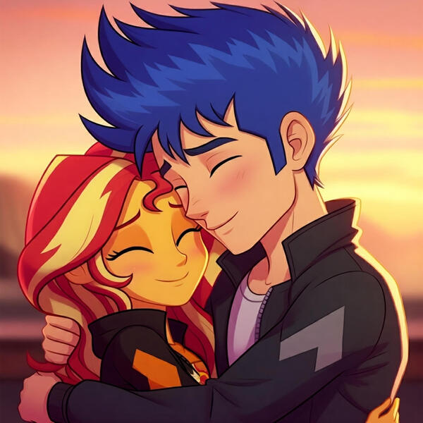 Size: 1280x1280 | Tagged: safe, ai content, derpibooru import, machine learning generated, prompter:julzette, flash sentry, sunset shimmer, equestria girls, g4, blushing, duo, female, flashimmer, hug, image, jpeg, male, shipping, straight