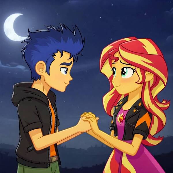 Size: 1024x1024 | Tagged: safe, ai content, derpibooru import, machine learning generated, prompter:julzette, flash sentry, sunset shimmer, equestria girls, g4, blushing, duo, female, flashimmer, image, jpeg, male, shipping, straight