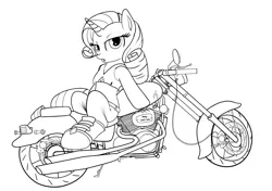 Size: 2830x1990 | Tagged: safe, artist:sunbro, derpibooru import, rarity, pony, semi-anthro, unicorn, g4, backwards, black and white, drawthread, female, grayscale, horn, image, lineart, mare, monochrome, motorcycle, png, simple background, solo, white background