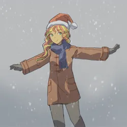 Size: 2048x2048 | Tagged: safe, artist:dusknebula, derpibooru import, sunset shimmer, human, equestria girls, g4, christmas, clothes, female, gloves, gray background, hat, holiday, image, jpeg, looking at you, santa hat, scarf, simple background, smiling, snow, snowfall, solo, winter outfit