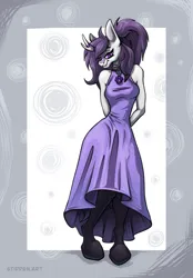 Size: 1640x2360 | Tagged: safe, artist:stirren, derpibooru import, oc, oc:weel'kha, kirin, clothes, collar, dress, hands behind back, hooves, horn, image, kirin oc, long dress, looking at you, pinup, png, pose, shy, smiling, socks