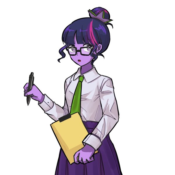 Size: 2048x2048 | Tagged: safe, artist:dusknebula, derpibooru import, sci-twi, twilight sparkle, human, equestria girls, g4, clipboard, clothes, female, glasses, hair bun, image, jpeg, looking at you, necktie, office lady, open mouth, pen, simple background, skirt, solo, white background