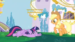 Size: 1280x720 | Tagged: safe, derpibooru import, screencap, applejack, twilight sparkle, twilight sparkle (alicorn), alicorn, earth pony, g4, princess twilight sparkle (episode), canterlot, female, image, jpeg, my little pony