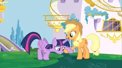 Size: 1280x720 | Tagged: safe, derpibooru import, screencap, applejack, twilight sparkle, twilight sparkle (alicorn), alicorn, earth pony, g4, princess twilight sparkle (episode), canterlot, female, image, jpeg, my little pony