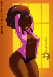 Size: 3142x4493 | Tagged: suggestive, artist:jackudoggy, derpibooru import, oc, oc:cosmic brownie, unofficial characters only, human, afro, areola, beads, braless, breasts, busty oc, cameltoe, clothes, commission, commissioner:amberphoenix33, dark nipples, dark skin, dreads, eyes closed, humanized, humanized oc, image, indoors, nipples, nudity, open clothes, open shirt, panties, png, underwear, yawn