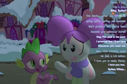 Size: 2100x1395 | Tagged: safe, derpibooru import, spike, oc, oc:penelope, dragon, rabbit, animal, bowtie, clothes, dress, evening, image, png, ponyville, ship:spikelope, shipping, snow, spikelove, stroll, walking