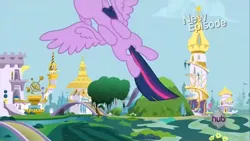 Size: 1280x720 | Tagged: safe, derpibooru import, screencap, twilight sparkle, twilight sparkle (alicorn), alicorn, g4, princess twilight sparkle (episode), canterlot, flying, hub logo, image, jpeg, logo, my little pony, solo, the hub