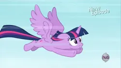 Size: 1280x720 | Tagged: safe, derpibooru import, screencap, twilight sparkle, twilight sparkle (alicorn), alicorn, g4, princess twilight sparkle (episode), female, flying, hub logo, image, jpeg, logo, my little pony, solo, the hub