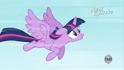 Size: 1280x720 | Tagged: safe, derpibooru import, screencap, twilight sparkle, twilight sparkle (alicorn), alicorn, g4, princess twilight sparkle (episode), female, flying, hub logo, image, jpeg, logo, my little pony, solo, the hub