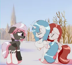 Size: 2500x2256 | Tagged: safe, artist:trackheadtherobopony, derpibooru import, oc, oc:kira (fl), oc:nara (fl), oc:onyx star, alicorn, pegasus, edinburgh, grin, image, nervous, nervous grin, png, shivering, smiling, snow, winter