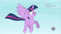 Size: 1280x720 | Tagged: safe, derpibooru import, screencap, twilight sparkle, twilight sparkle (alicorn), alicorn, g4, princess twilight sparkle (episode), female, flying, hub logo, image, jpeg, logo, my little pony, solo, the hub