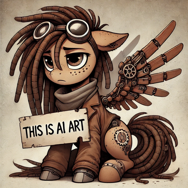 Size: 1024x1024 | Tagged: safe, ai content, derpibooru import, generator:chatgpt, machine learning generated, prompter:venisoncreampie, oc, oc:ramona cogwright, earth pony, pony, artificial wings, augmented, brown eyes, brown hair, brown mane, derpibooru exclusive, dreadlocks, female, freckles, goggles, goggles on head, holding sign, image, mechanical wing, png, simple background, solo, steampunk, wings