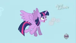 Size: 1280x720 | Tagged: safe, derpibooru import, screencap, twilight sparkle, twilight sparkle (alicorn), alicorn, g4, princess twilight sparkle (episode), female, hub logo, image, jpeg, logo, my little pony, solo, the hub