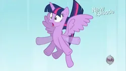 Size: 1280x720 | Tagged: safe, derpibooru import, screencap, twilight sparkle, twilight sparkle (alicorn), alicorn, g4, princess twilight sparkle (episode), falling, female, flying, hub logo, image, jpeg, logo, my little pony, solo, the hub