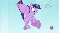 Size: 1280x720 | Tagged: safe, derpibooru import, screencap, twilight sparkle, twilight sparkle (alicorn), alicorn, g4, princess twilight sparkle (episode), falling, female, flying, hub logo, image, jpeg, logo, my little pony, solo, the hub