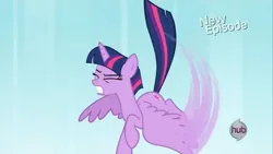 Size: 1280x720 | Tagged: safe, derpibooru import, screencap, twilight sparkle, twilight sparkle (alicorn), alicorn, g4, princess twilight sparkle (episode), falling, female, flying, hub logo, image, jpeg, logo, my little pony, solo, the hub