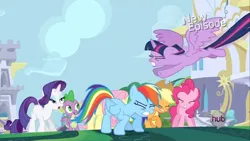 Size: 1280x720 | Tagged: safe, derpibooru import, screencap, applejack, fluttershy, pinkie pie, rainbow dash, rarity, spike, twilight sparkle, twilight sparkle (alicorn), alicorn, dragon, g4, princess twilight sparkle (episode), canterlot, female, flying, hub logo, image, jpeg, logo, male, mane six, my little pony, the hub