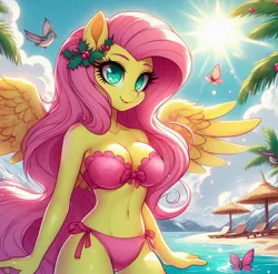 Size: 1024x1012 | Tagged: suggestive, ai content, derpibooru import, machine learning generated, prompter:glimmy-glam, fluttershy, anthro, bird, butterfly, insect, g4, beach, beach chair, belly, belly button, bikini, breasts, chair, cleavage, clothes, generator:bing image creator, generator:dall-e 3, holly, image, jpeg, palm tree, smiling, solo, spread wings, sun, swimsuit, tree, umbrella, water, wings