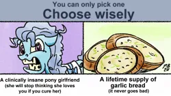 Size: 1200x675 | Tagged: safe, artist:pony-berserker, derpibooru import, screw loose, g4, choice, food, garlic bread, image, jpeg, meme, pony-berserker's twitter sketches, pony-berserker's twitter sketches (2024)