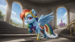 Size: 2560x1456 | Tagged: safe, ai content, derpibooru import, machine learning generated, prompter:cypher, rainbow dash, pegasus, g4, clothes, dress, gala dress, image, jpeg