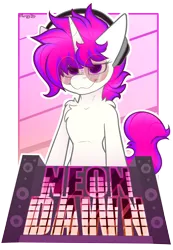 Size: 2160x3129 | Tagged: safe, artist:spoopy-abby, derpibooru import, oc, oc:neon dawn, unofficial characters only, pony, unicorn, badge, con badge, horn, image, png, solo