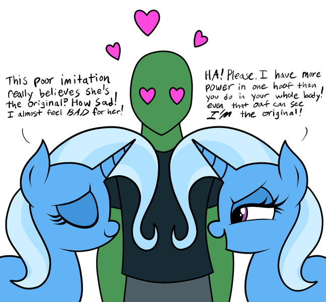 Size: 1621x1500 | Tagged: safe, artist:vomitvomiting, derpibooru import, trixie, oc, oc:anon, human, pony, g4, clone, drawthread, heart, heart eyes, image, png, requested art, self paradox, self ponidox, simple background, trio, white background, wingding eyes