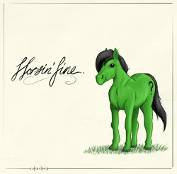 Size: 2520x2480 | Tagged: safe, artist:eels, ponerpics import, oc, oc:anon, horse, black mane, black tail, cursive writing, cutie mark, grass, green coat, horsing around, image, png, question mark, reaction image, simple background