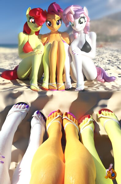 Size: 2698x4096 | Tagged: suggestive, artist:velvetcharm, apple bloom, scootaloo, sweetie belle, anthro, 3d, bikini, brach, breasts, clothes, cutie mark crusaders, feet, female, fetish, foot fetish, foot focus, image, jpeg, nail polish, sandals, swimsuit, toenails, toes, trio, trio female