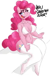 Size: 3000x4565 | Tagged: suggestive, artist:flutterthrash, derpibooru import, pinkie pie, anthro, earth pony, plantigrade anthro, g4, bedroom eyes, big breasts, bottomless, bra, breasts, busty pinkie pie, cleavage, clothes, female, hand on leg, hand on thigh, high res, image, looking at you, nudity, open mouth, open smile, partial nudity, png, simple background, smiling, smiling at you, socks, solo, solo female, stockings, talking to viewer, thigh highs, thighs, thunder thighs, underwear, white background