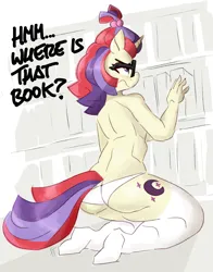 Size: 3000x3836 | Tagged: suggestive, artist:flutterthrash, derpibooru import, moondancer, anthro, plantigrade anthro, unicorn, g4, ass, bookshelf, breasts, butt, clothes, dialogue, female, frown, furrowed brow, high res, horn, image, kneeling, mooningdancer, nudity, panties, partial nudity, png, sideboob, socks, solo, solo female, stockings, thigh highs, topless, underwear