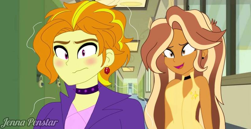 Size: 1536x791 | Tagged: safe, artist:jenna56, derpibooru import, adagio dazzle, oc, oc:jenna penstar, human, equestria girls, g4, allegro amoroso, canterlot high, duo, female, image, jpeg, lockers, male, rule 63