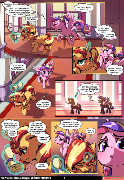 Size: 3541x5121 | Tagged: safe, artist:baban illustration, artist:lummh, derpibooru import, princess cadance, sunset shimmer, alicorn, pony, unicorn, comic:the princess of love, g4, absurd resolution, canterlot castle interior, comic, cute, cutedance, emanata, female, filly, filly sunset shimmer, flying, foal, glow, glowing horn, horn, image, levitation, magic, mare, patreon, patreon logo, png, sad, scroll, silhouette, startled, teen princess cadance, telekinesis, wings, woobie, younger, younger sunset