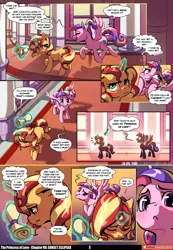 Size: 3541x5121 | Tagged: safe, artist:baban illustration, artist:lummh, derpibooru import, princess cadance, sunset shimmer, alicorn, pony, unicorn, comic:the princess of love, g4, absurd resolution, canterlot castle interior, comic, cute, cutedance, emanata, female, filly, filly sunset shimmer, flying, foal, glow, glowing horn, horn, image, levitation, magic, mare, patreon, patreon logo, png, sad, scroll, silhouette, startled, teen princess cadance, telekinesis, wings, woobie, younger, younger sunset