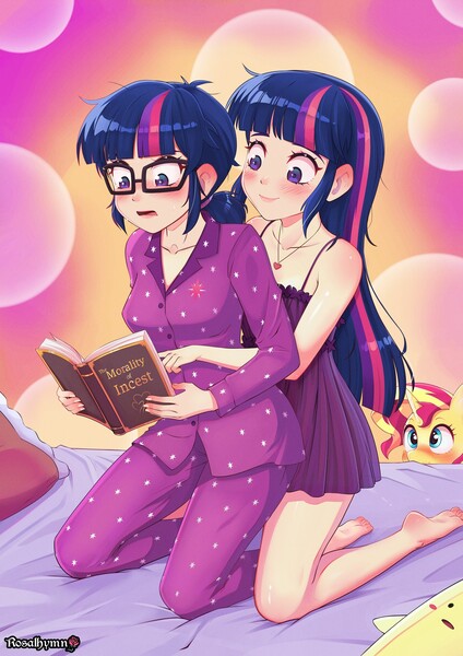 Size: 1131x1600 | Tagged: suggestive, artist:rosalhymn, derpibooru import, sci-twi, sunset shimmer, twilight sparkle, human, pony, unicorn, equestria girls, g4, bedroom, bedsheets, blushing, book, clothes, cute, duo, embarrassed, female, glasses, horn, human coloration, image, imminent selfcest, jpeg, lesbian, pajamas, plushie, self paradox, self ponidox, selfcest, ship:twitwi, shipping, signature, twiabetes, twolight