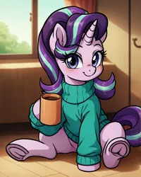 Size: 2024x2536 | Tagged: safe, ai content, derpibooru import, generator:autismmixconfetti, machine learning generated, prompter:bendy and boney, starlight glimmer, pony, unicorn, g4, blushing, clothes, cute, drink, eye clipping through hair, eyebrows, eyebrows visible through hair, female, glimmerbetes, happy, hoof hold, horn, image, indoors, looking at you, mare, mug, png, sitting, smiling, smiling at you, solo, sweater, underhoof