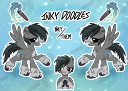 Size: 2000x1430 | Tagged: safe, artist:doodlesinky, derpibooru import, oc, oc:inky doodles, unofficial characters only, pegasus, abstract background, blaze (coat marking), chest fluff, coat markings, ear fluff, ear piercing, facial markings, fluffy, image, lip piercing, messy mane, nose piercing, nose ring, pegasus oc, piercing, png, pronouns, reference sheet, unshorn fetlocks, wings