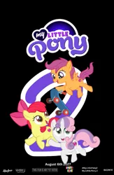 Size: 419x641 | Tagged: safe, artist:keroncaton3, derpibooru import, screencap, apple bloom, scootaloo, sweetie belle, g4, 2027, columbia pictures, cutie mark crusaders, hasbro, hasbro logo, having fun, image, logo, looking at each other, looking at someone, movie poster, png, scooter, sequel, smiling, smiling at each other, sony