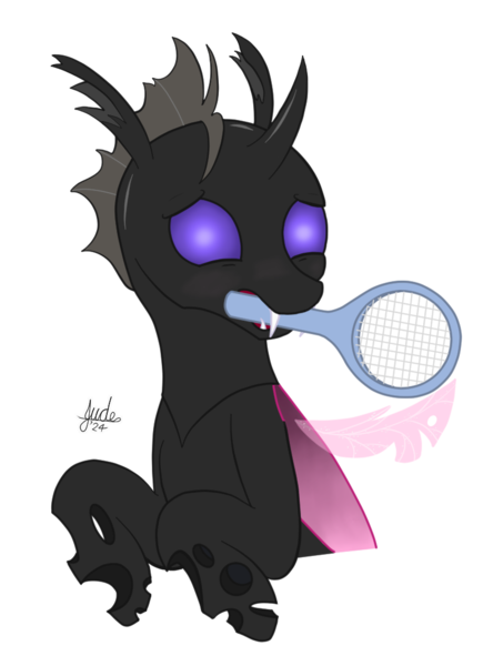 Size: 798x1078 | Tagged: safe, artist:bjsampson, derpibooru import, oc, oc:ace shot, oc:asilious, unofficial characters only, changeling, blushing, changeling oc, female, image, nervous, png, simple background, solo, tennis racket, transparent background