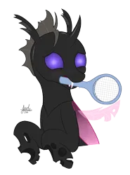 Size: 798x1078 | Tagged: safe, artist:bjsampson, derpibooru import, oc, oc:ace shot, oc:asilious, unofficial characters only, changeling, blushing, changeling oc, female, image, nervous, png, simple background, solo, tennis racket, transparent background